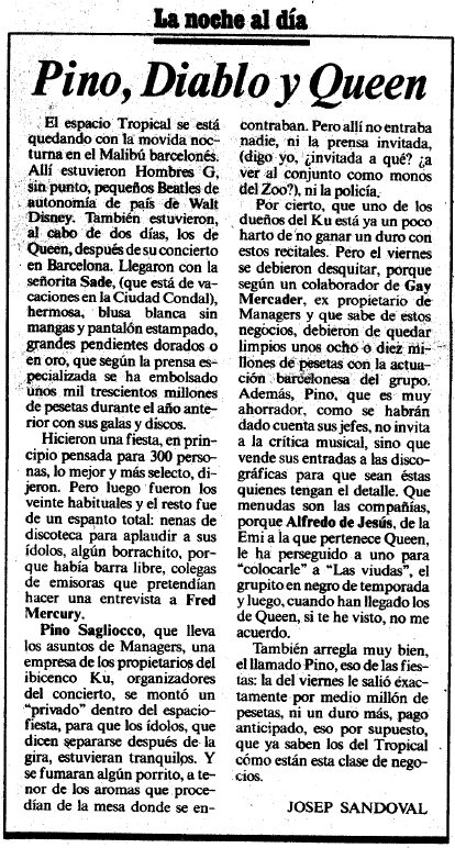 Crnica de Josep Sandoval explicando el concierto de Hombres G y la fiesta de los componentes de QUEEN en la Discoteca Tropical de Gav Mar publicada en el diario LA VANGUARDIA (3 de Agosto de 1986)